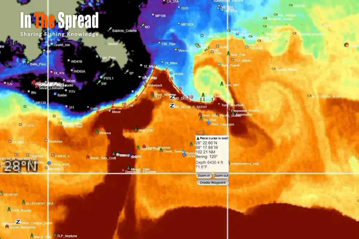 Fishing course diagram showing Sea Surface Temperature Fishing Forecast