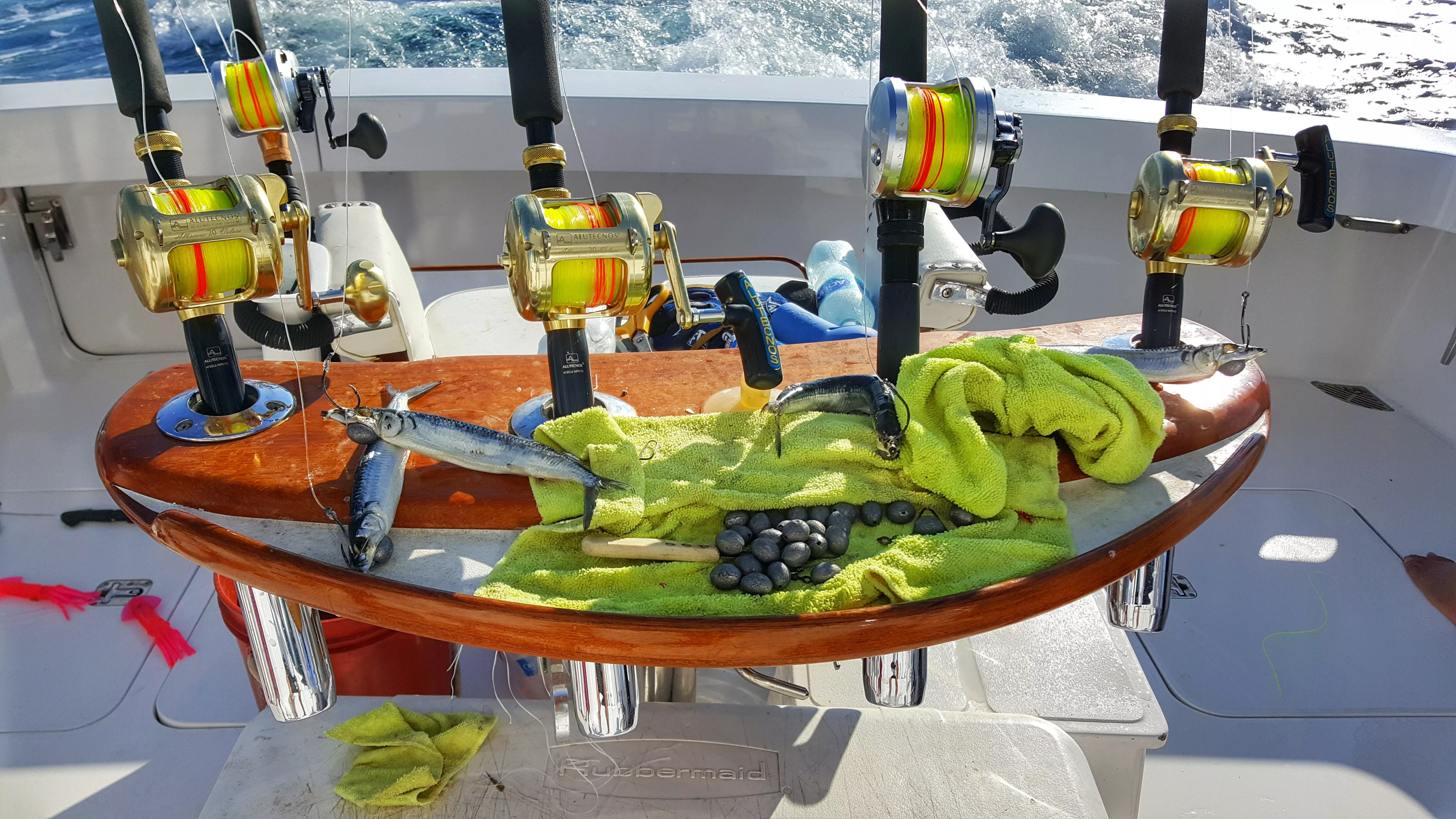 tackle station with rigged ballyhoo for sailfish