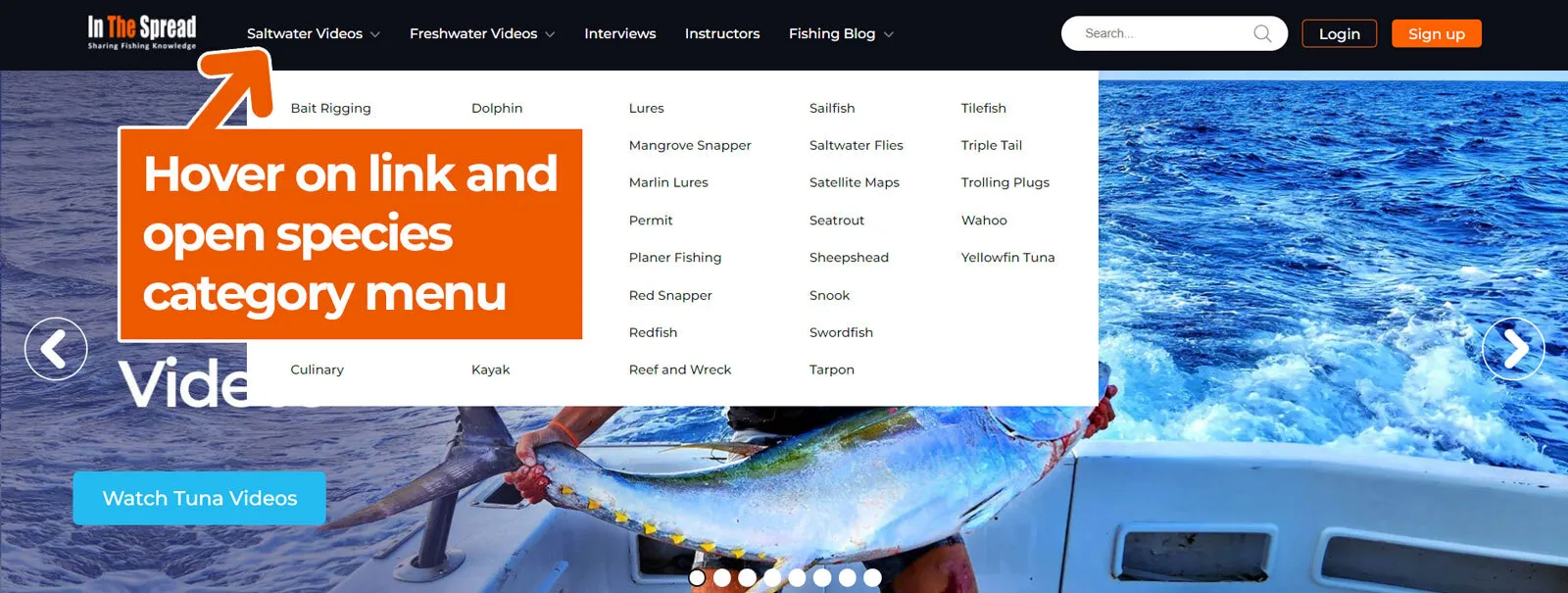 Hover on link and open species category menu