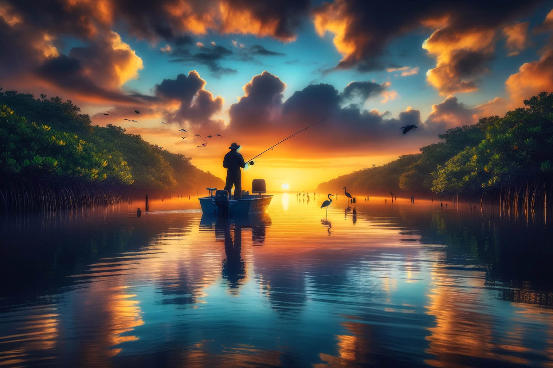 a lone fisherman watches the sun set on his Florida inshore fishing adventure