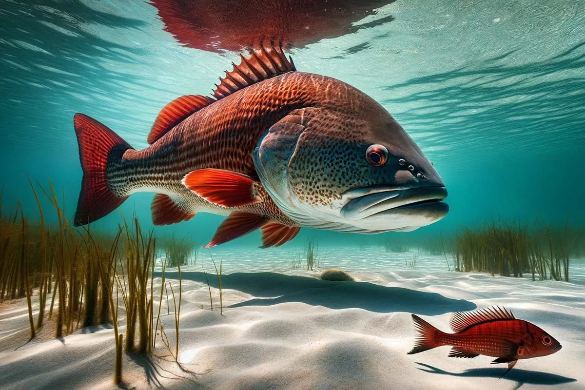 redfish stalking a pinfish in the sandy flats