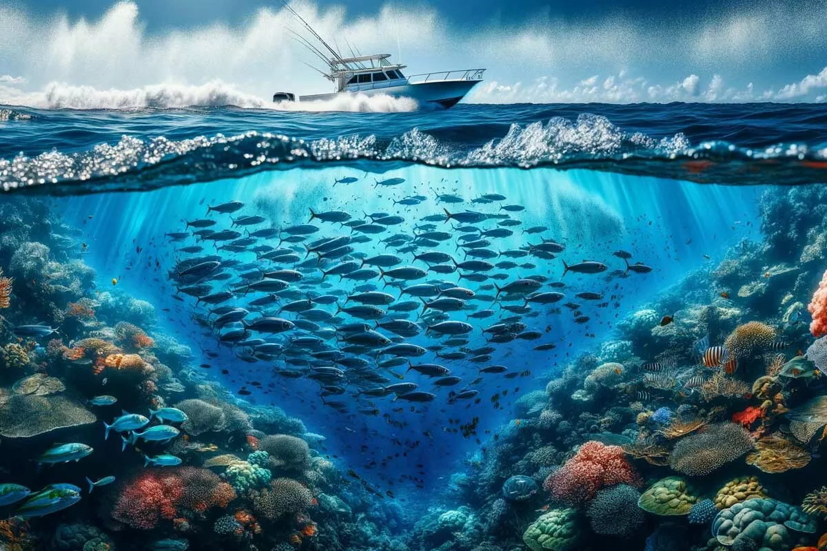 bait school swimming below the surface near the reef