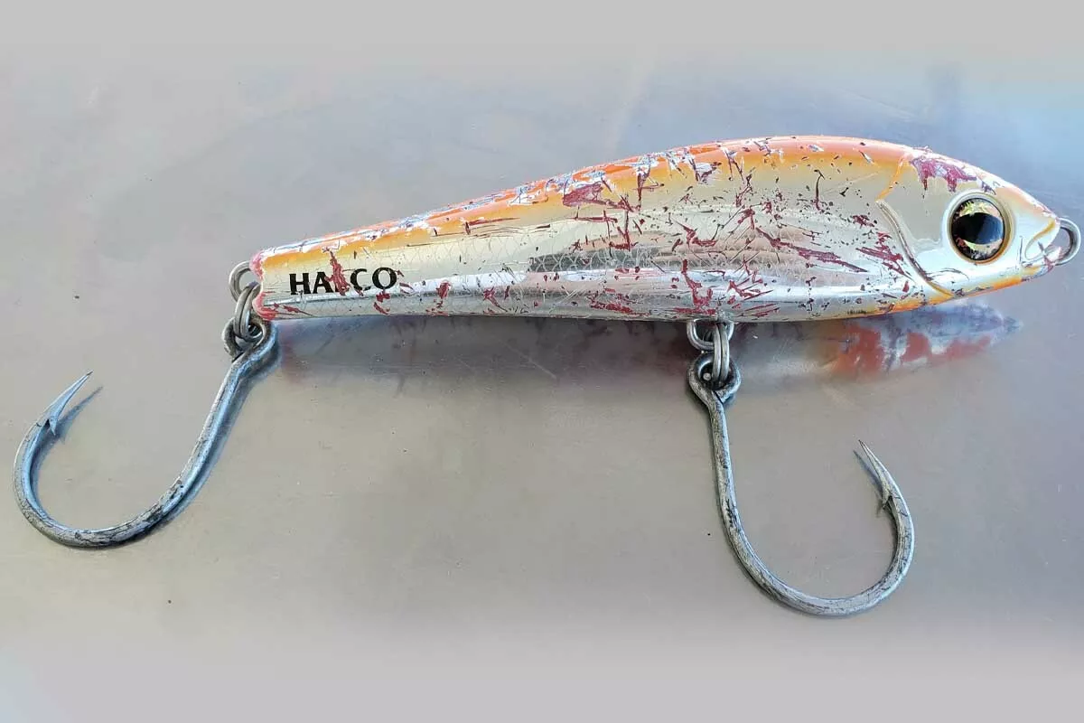Halco stickbait that has been chewed up by pelagic reef predators like GT
