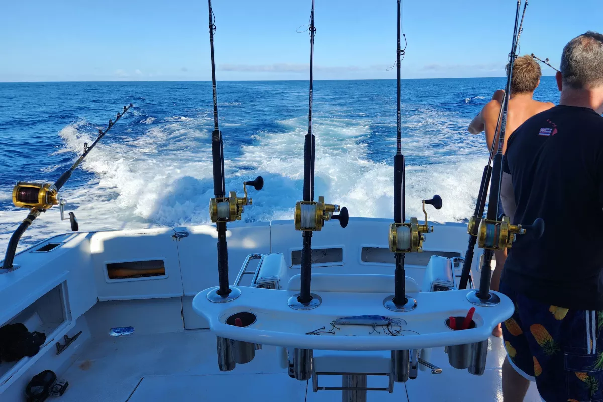 Penn Carnage 3 trolling rods for wahoo on Shawn Rotella's boat in Kona
