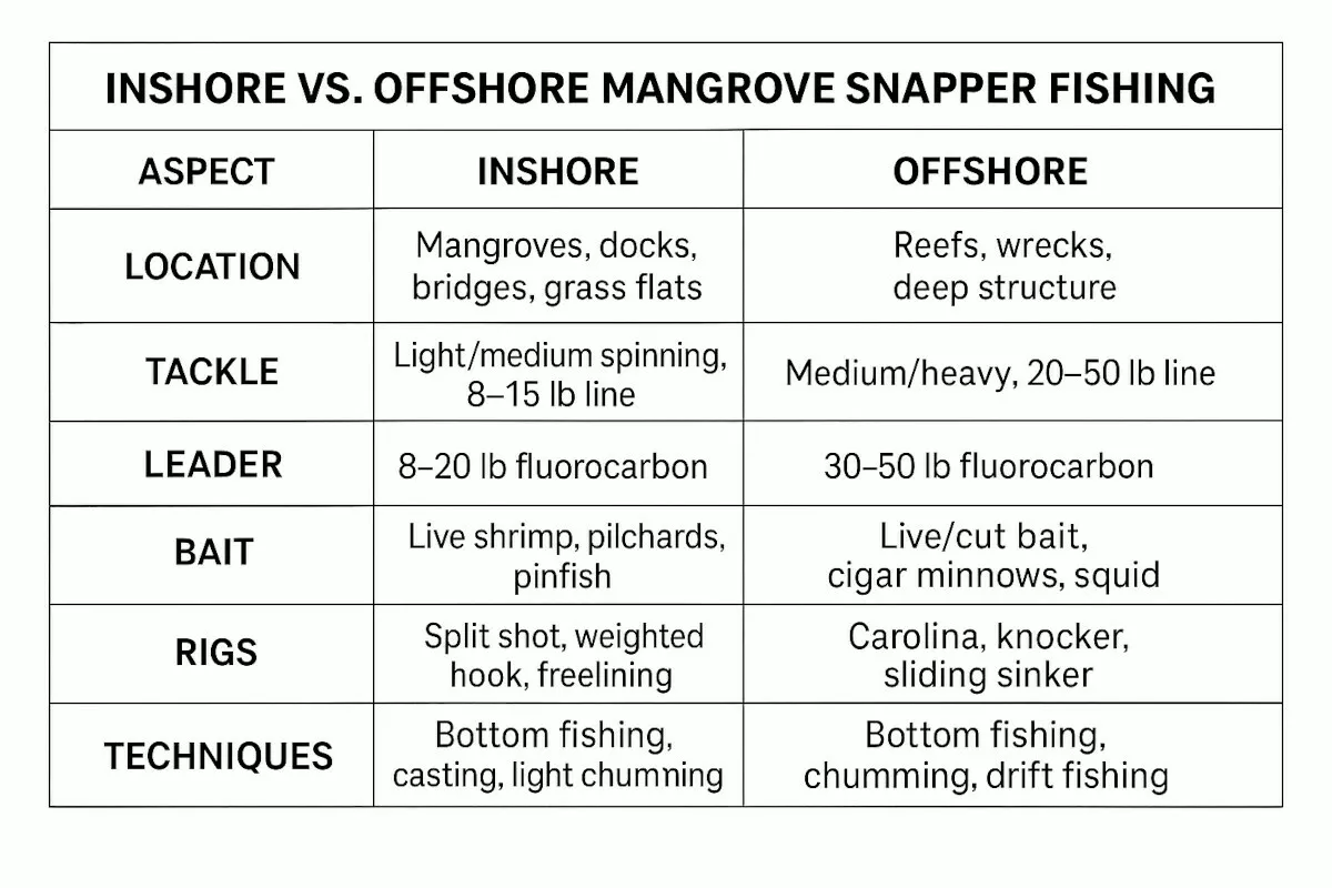 chart showing inshore vs. offshore mangrove snapper fishing