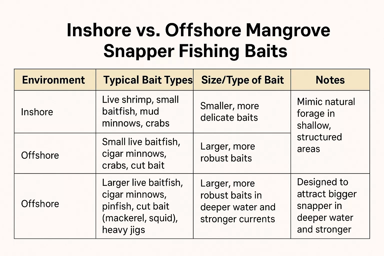 chart showing baits for inshore and offshore mangrove snapper fishing