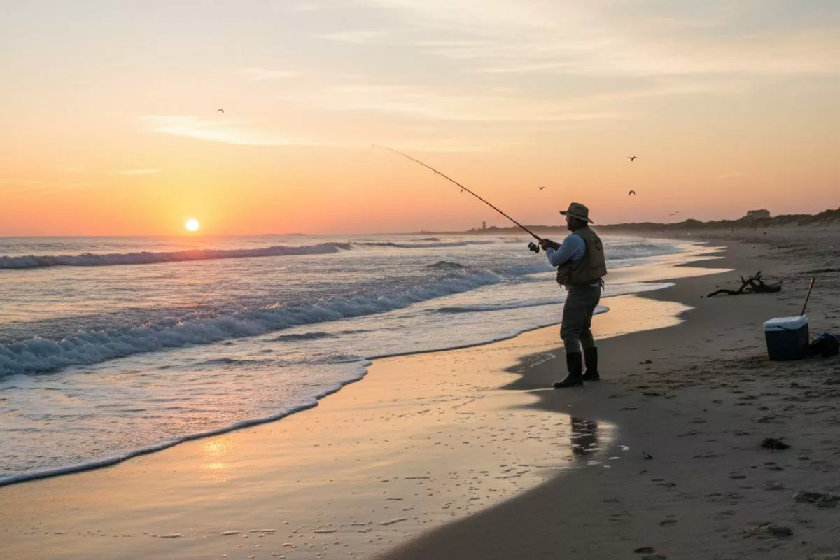 fisherman surf fishing in the early morning