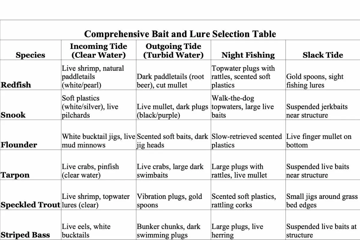 bait and lure selection table based on tides