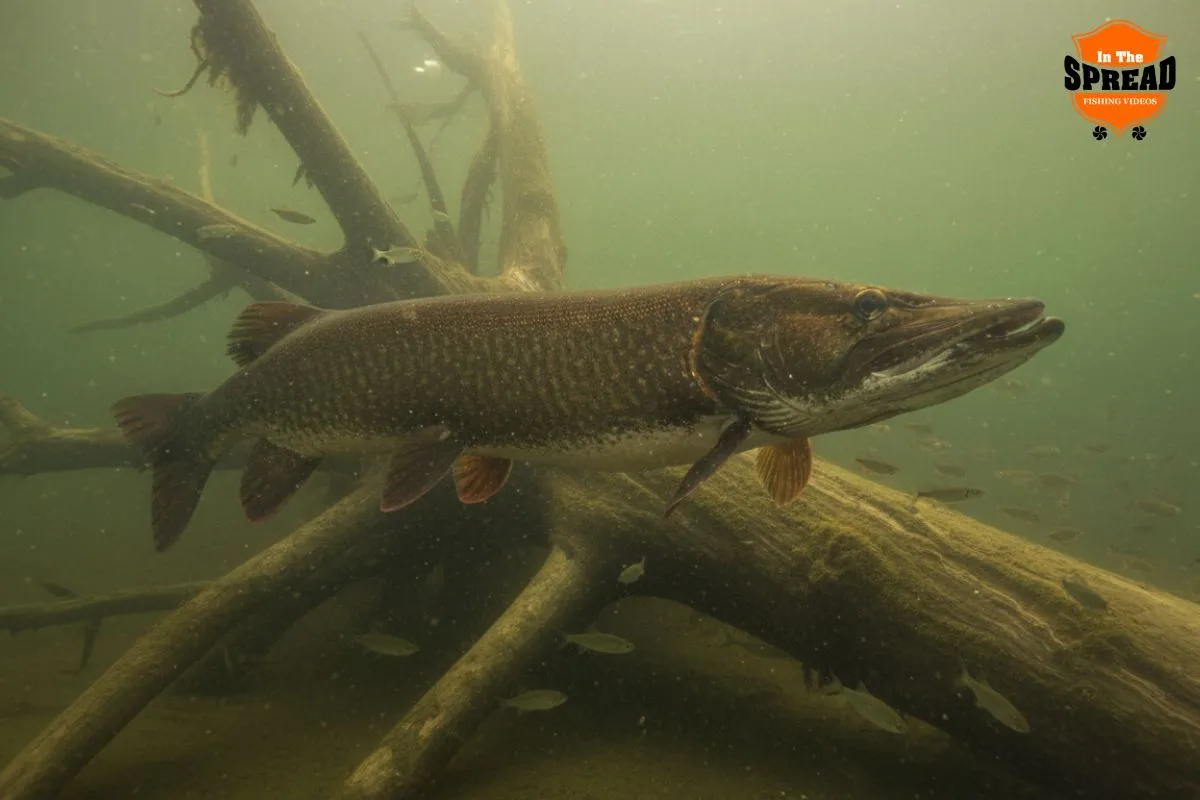 big muskie suspended next to fallen tree