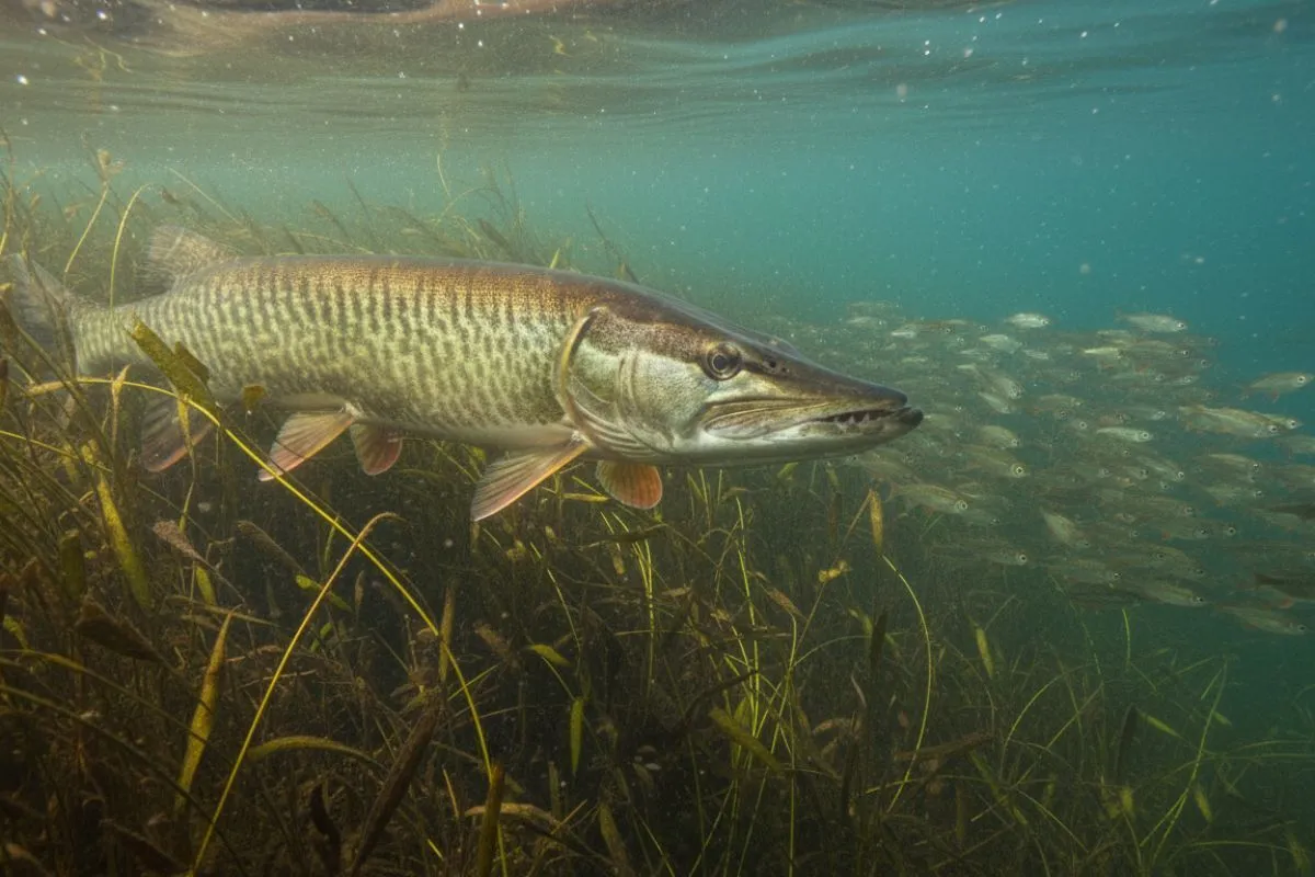 underwater photo of a muskie stalking baitfish