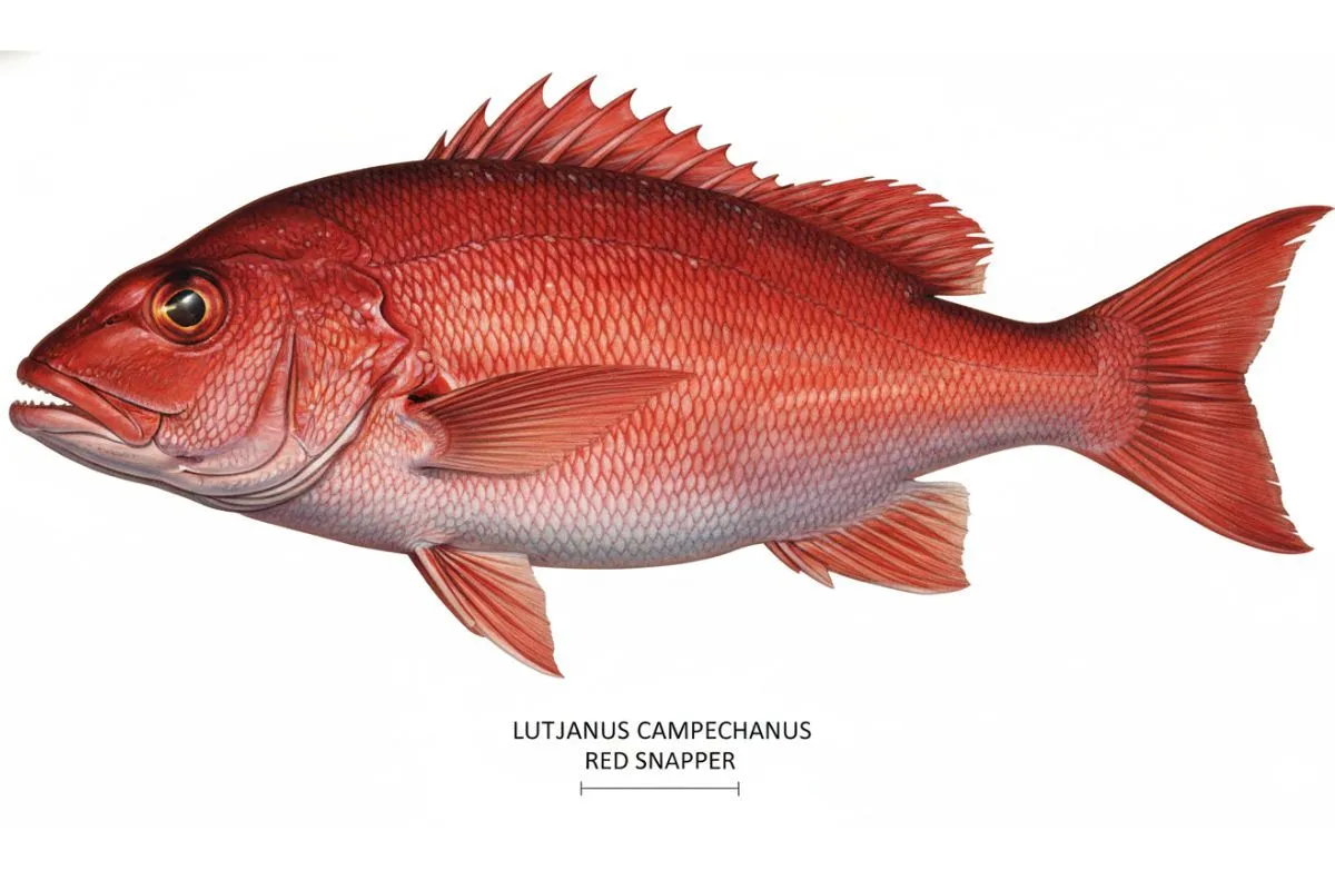 side-profile red snapper, full body view, museum specimen lighting