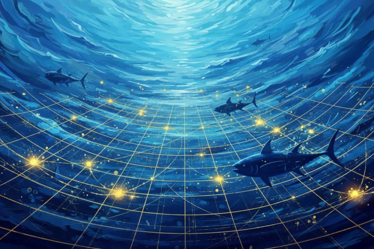 Abstract ocean surface merging into neural network grid