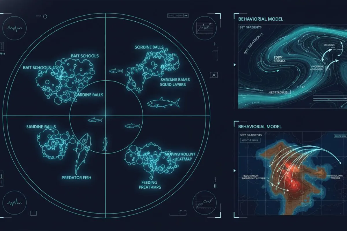 Collage-style split-scene showing modern offshore fishing AI in action