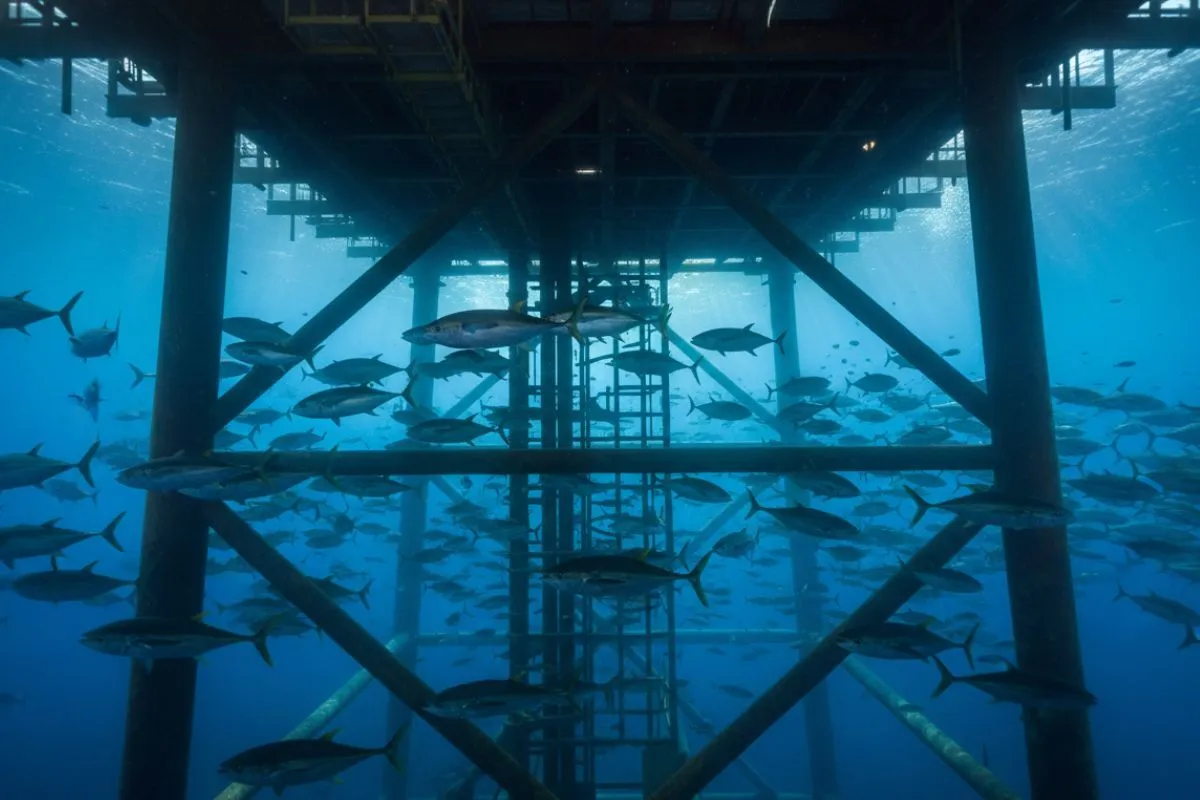 yellowfin tuna schooling beneath a massive offshore oil platform