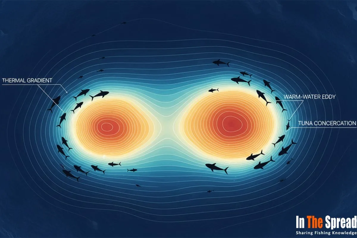 warm-water eddies with yellowfin tuna silhouettes positioned along edges