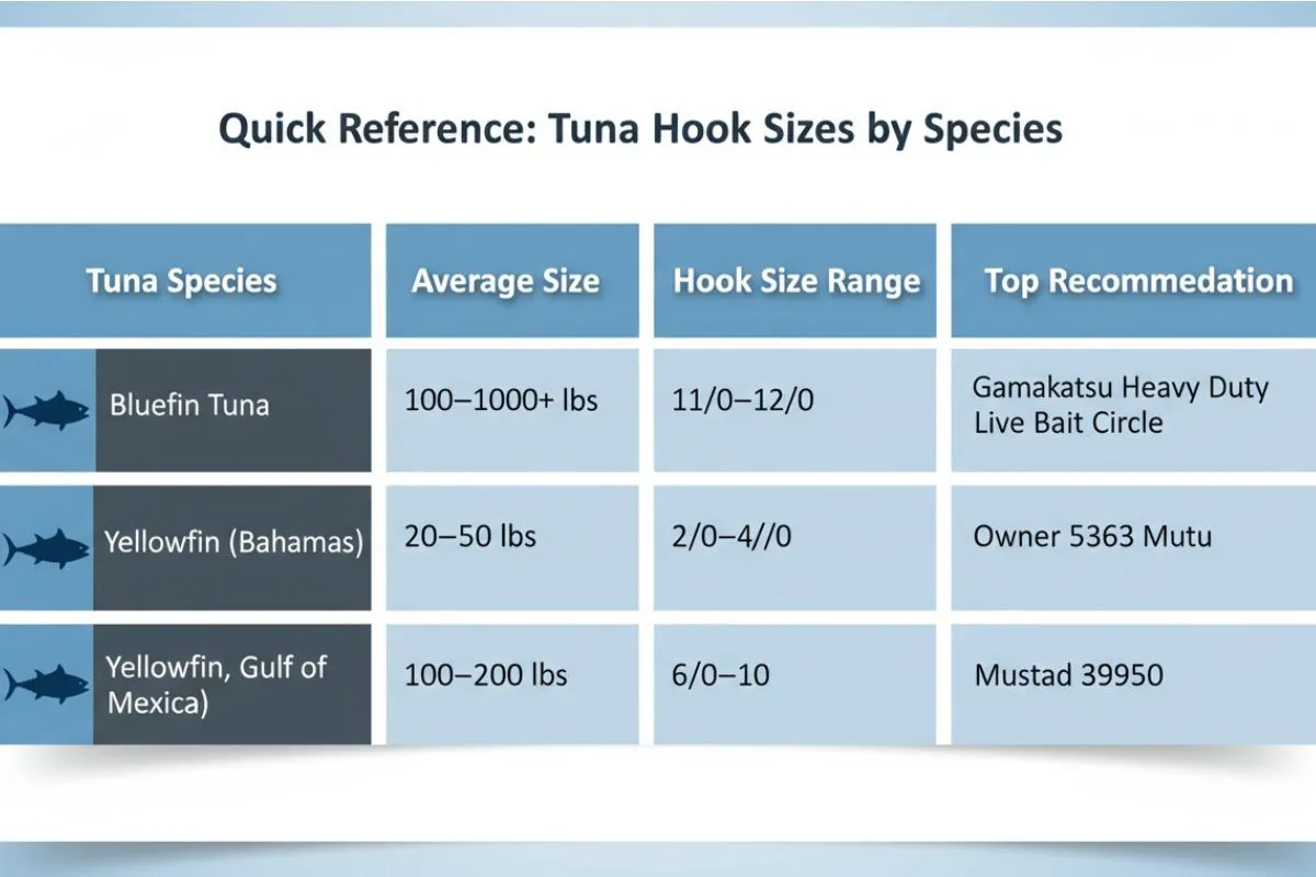 infographic table titled Quick Reference- Tuna Hook Sizes by Species