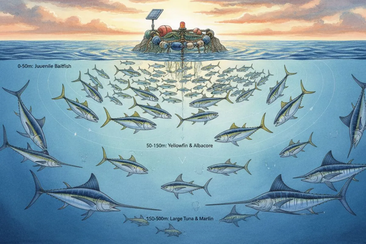 floating Fish Aggregating Device (FAD) in open blue ocean water