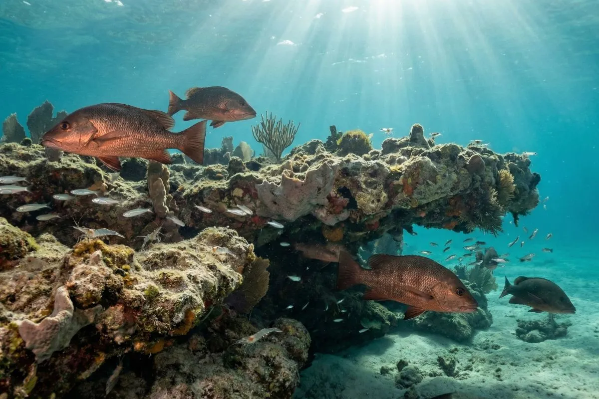 mangrove snapper suspended above reef structure