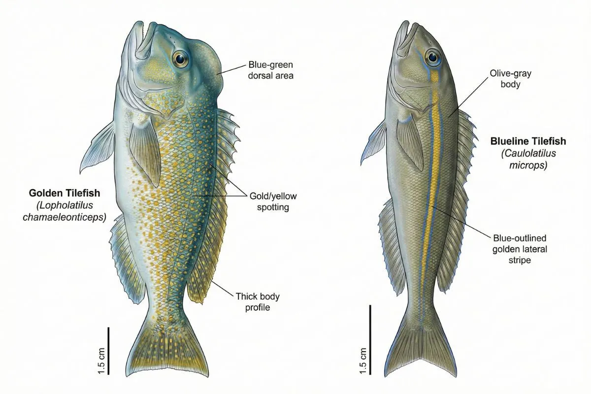 comparison image of golden tilefish and blueline tilefish