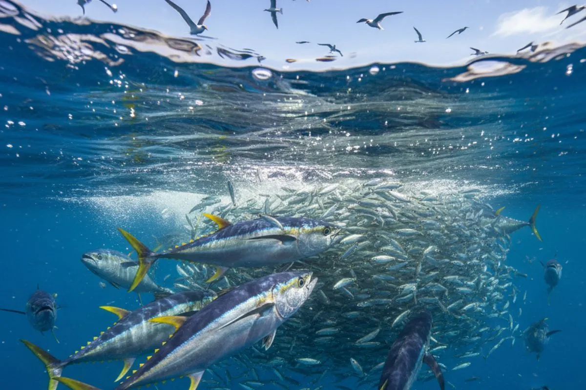 School of yellowfin tuna erupting on a tightly packed bait ball 