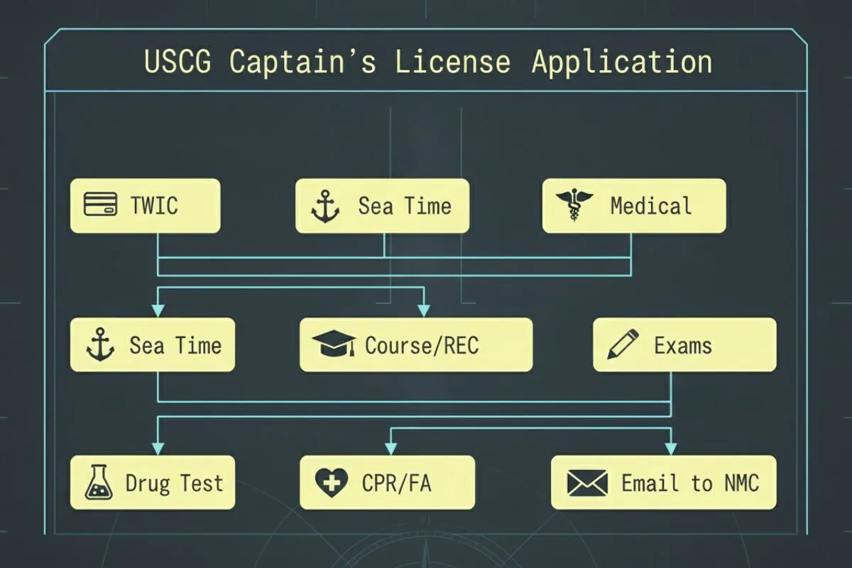 flowchart UI titled USCG Captain’s License Application