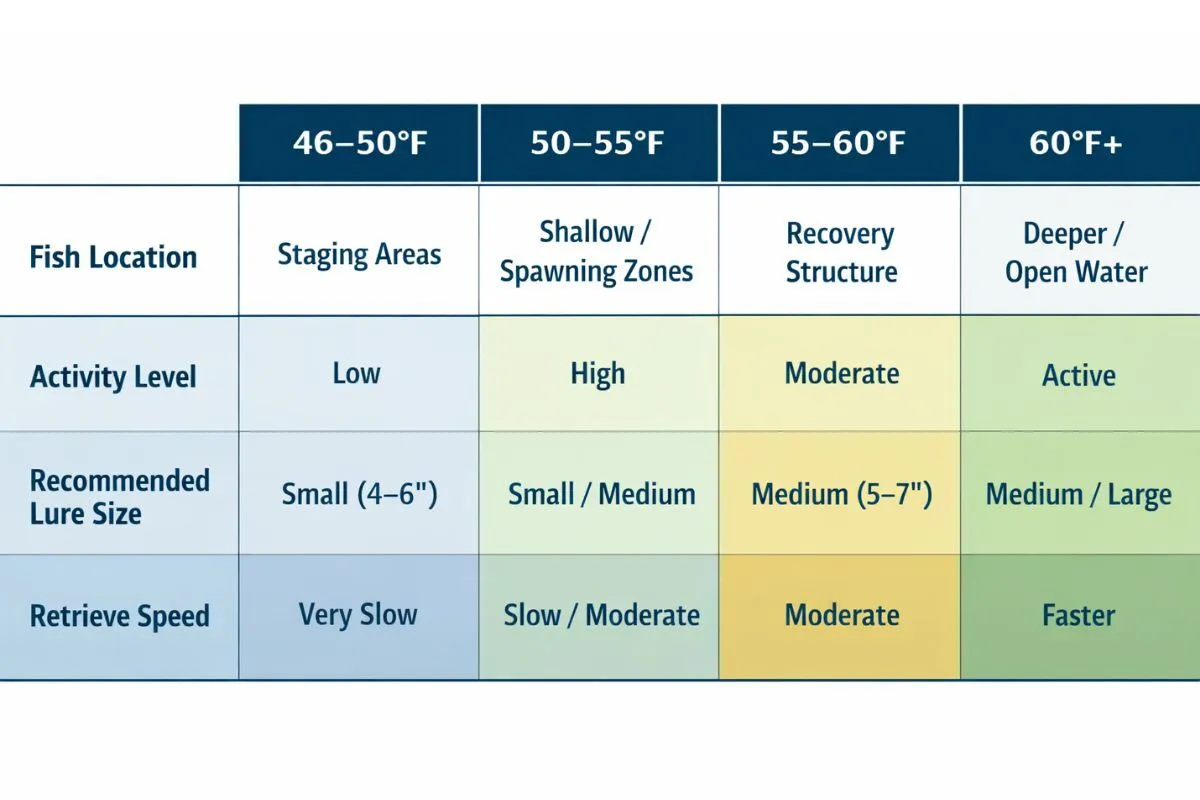 chart showing muskie behavior across water temperatures