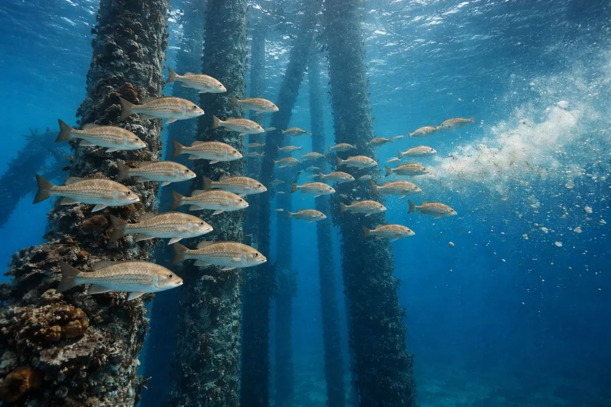 mangrove snapper holding tight to an oil platform