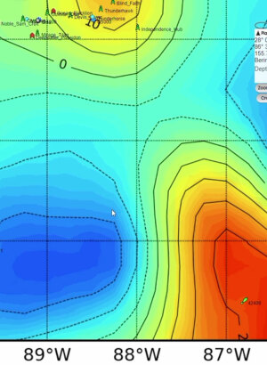 altimetry data for fishing shown on satellite map