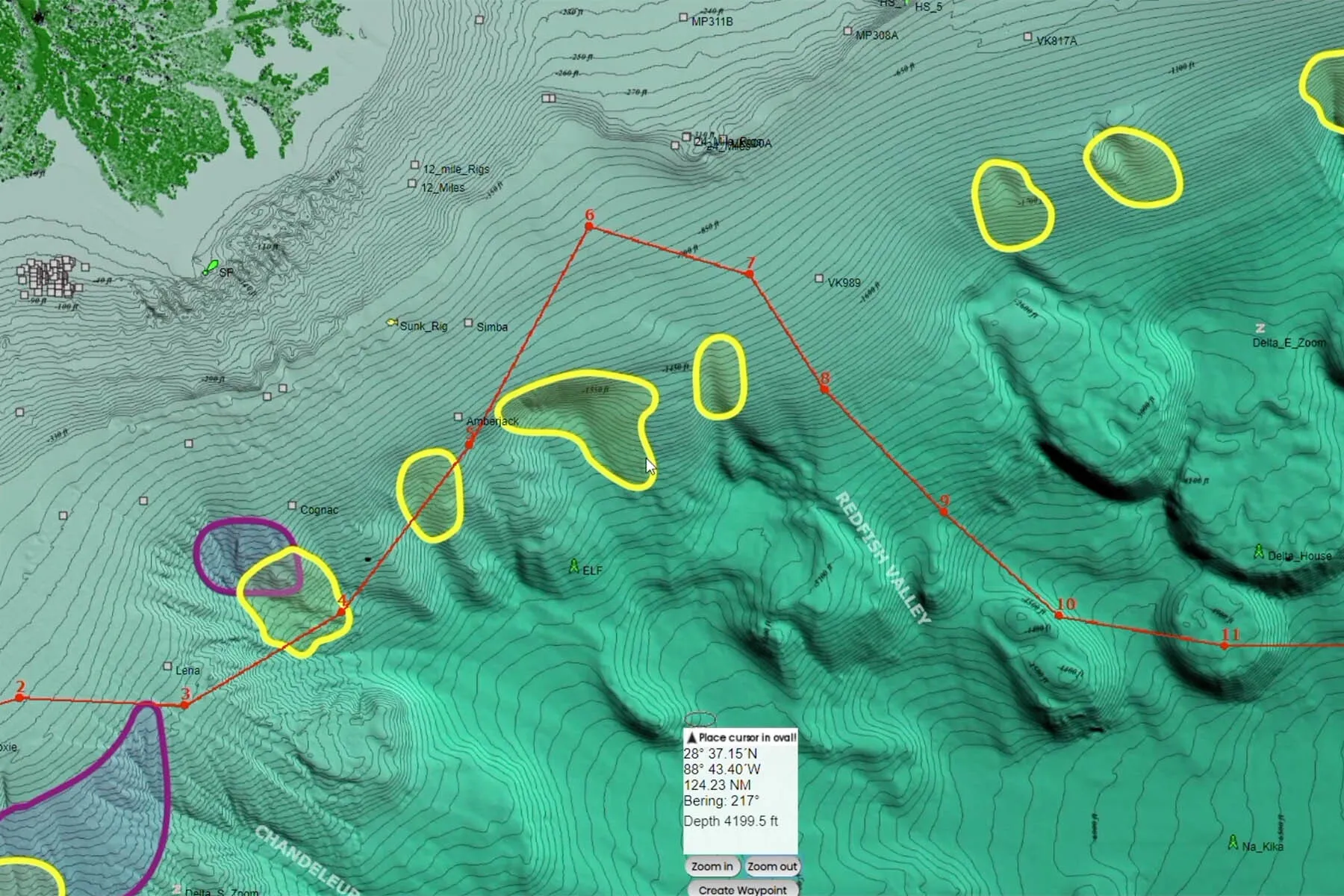 bottom contour of swordfish fishing hotpsots in the Gulf of Mexico