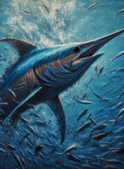 swordfish on the hunt in a school of bait fish