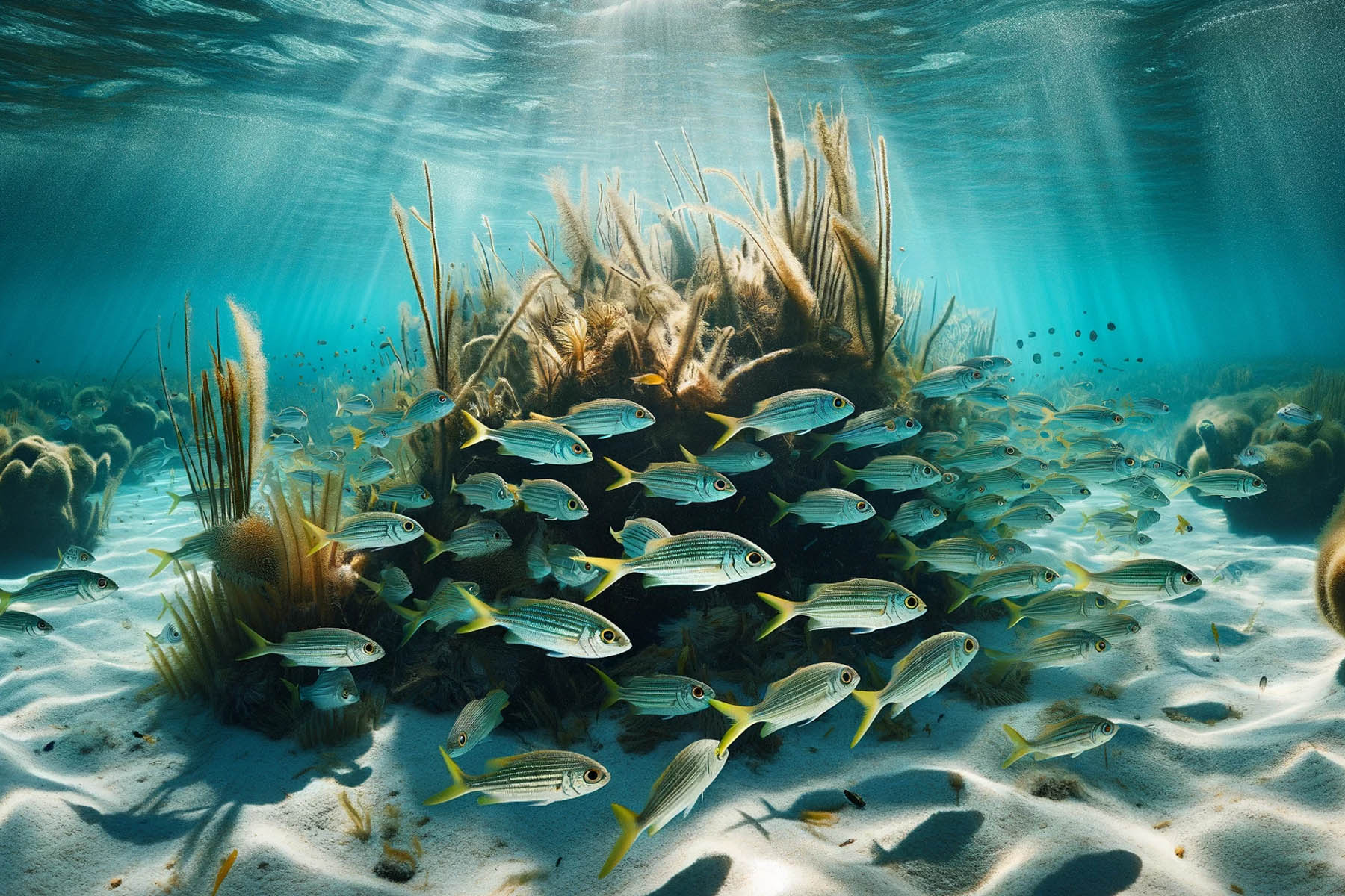 a school of pinfish swimming in coastal inshore waters