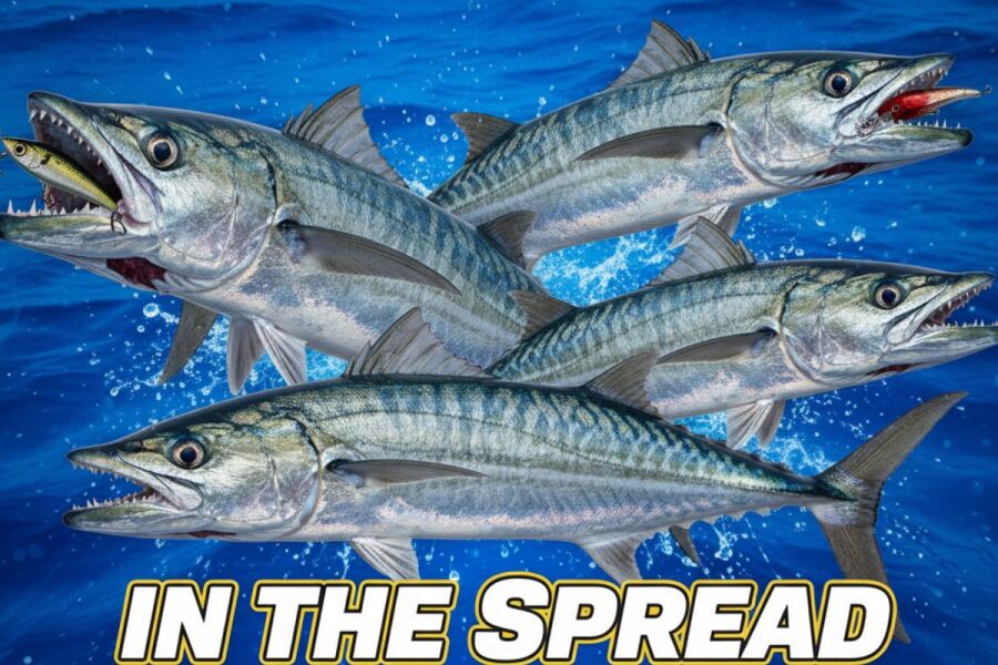 image of mackerel jumping out of the water chasing a lure