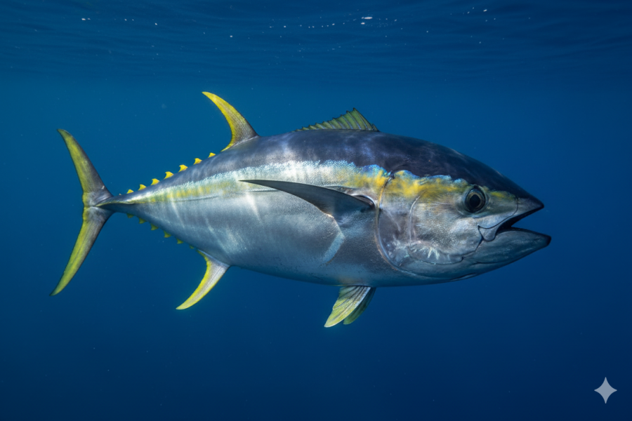 massive yellowfin tuna suspended in deep blue water